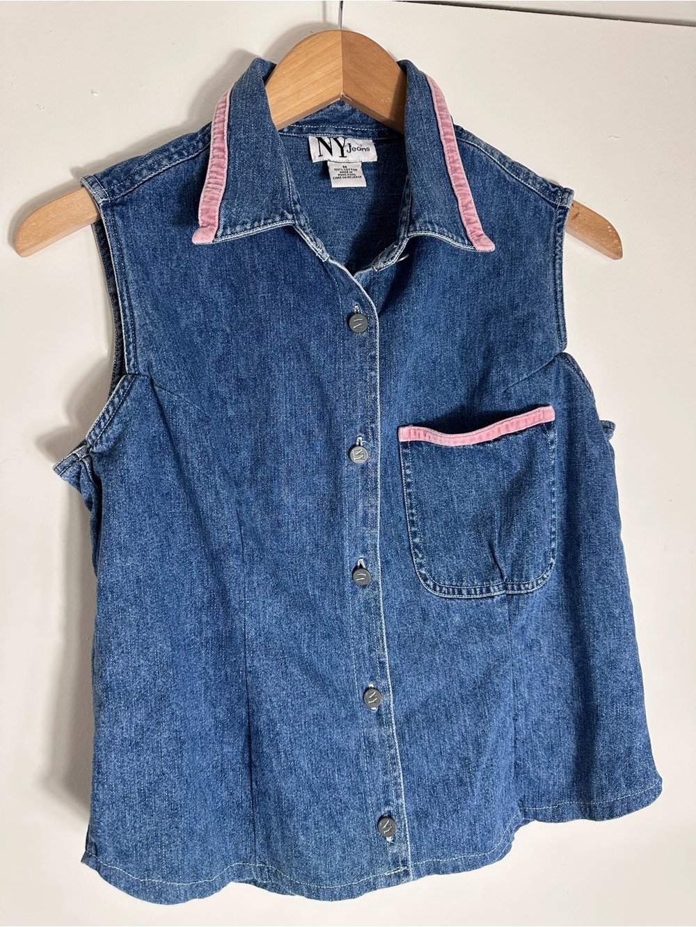 Vintage NY Jeans Sleeveless Denim Vest with Pink Trim